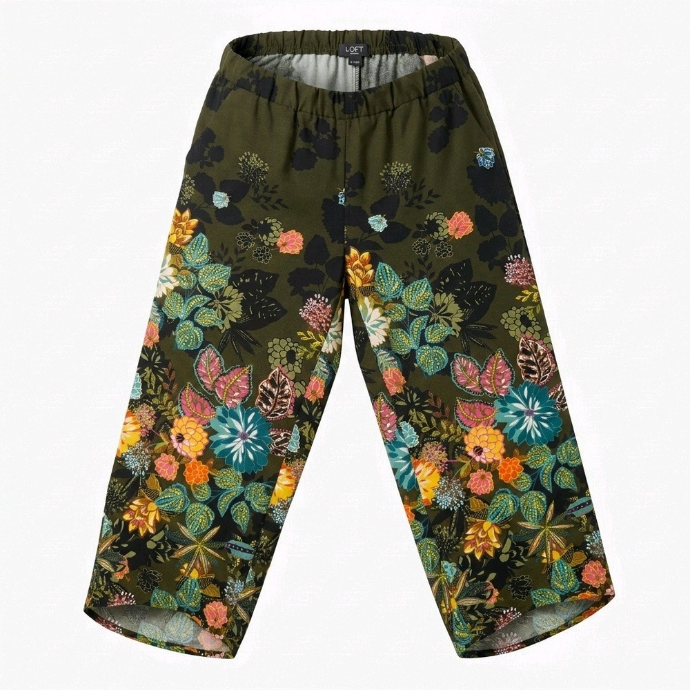 LOFT Petites Olive Green Floral Wide Leg Cropped Pants SP Tropical Pull On